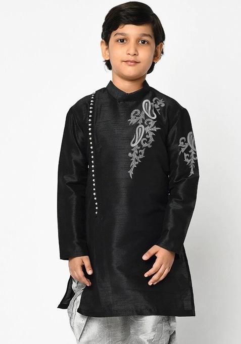 Black Embroidered Banarasi Silk Angrakha For Boys