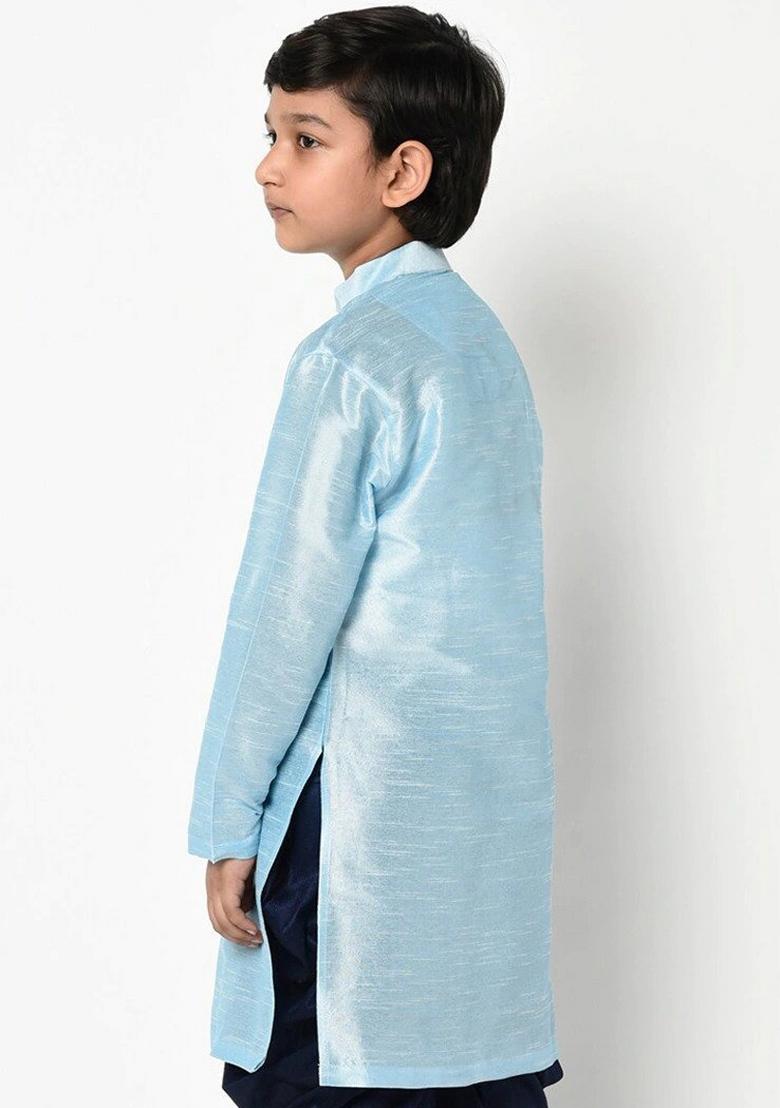 Light Blue Embroidered Banarasi Silk Angrakha For Boys