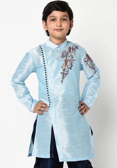 Light Blue Embroidered Banarasi Silk Angrakha For Boys