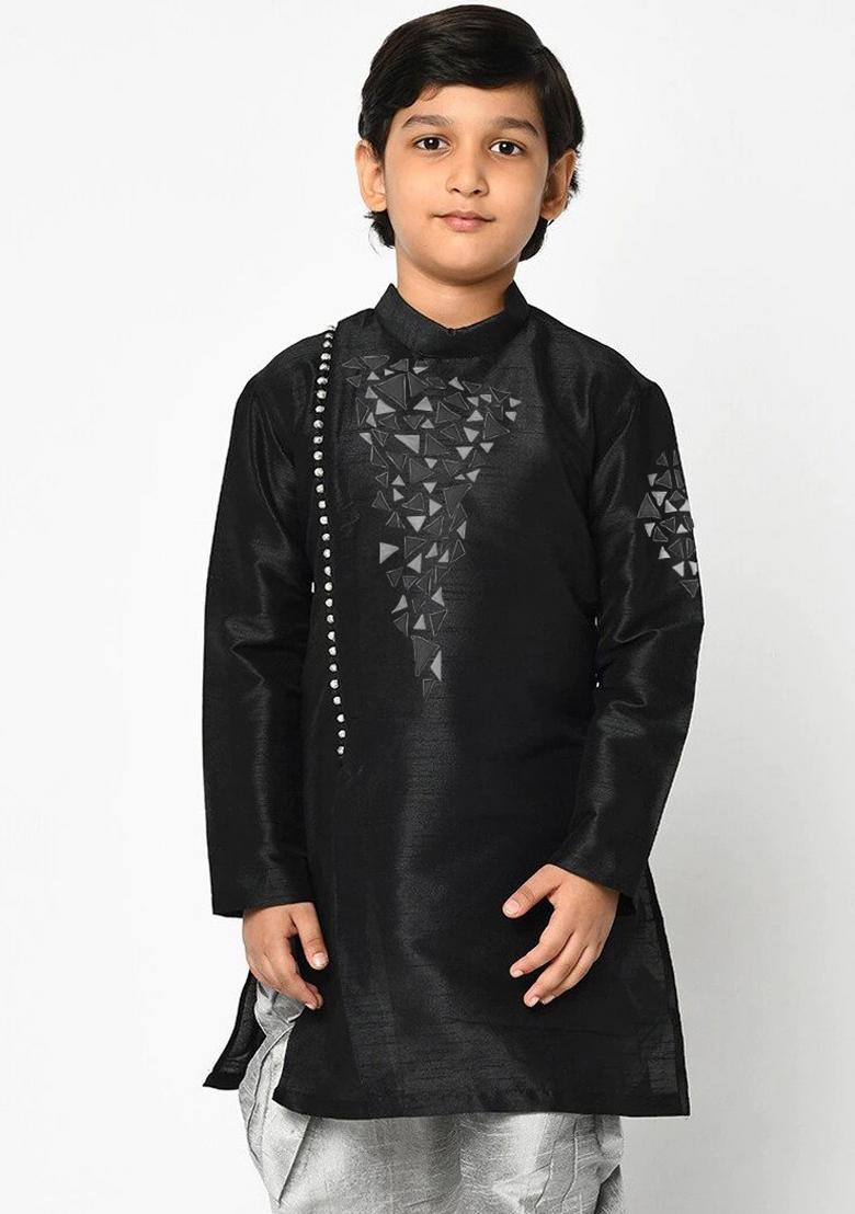 Black Embroidered Banarasi Silk Angrakha For Boys