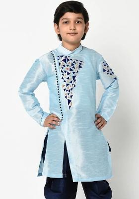 Light Blue Embroidered Banarasi Silk Angrakha For Boys