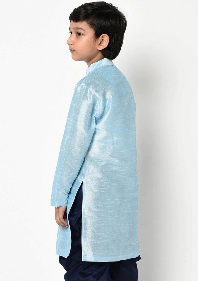 Light Blue Embroidered Banarasi Silk Angrakha For Boys