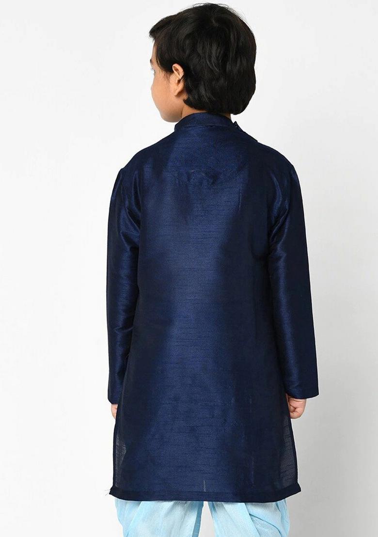 Navy Blue Embroidered Banarasi Silk Angrakha For Boys
