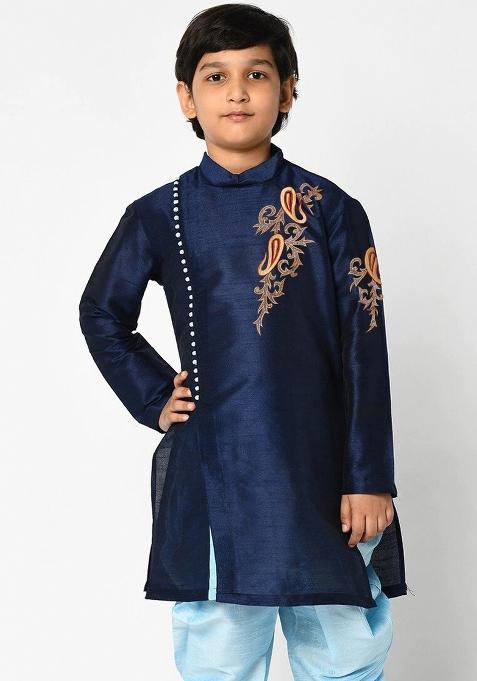 Navy Blue Embroidered Banarasi Silk Angrakha For Boys