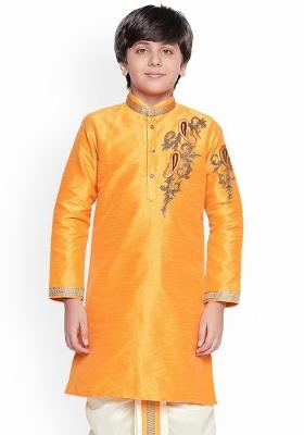 Orange Embroidered Banarasi Silk Kurta For Boys