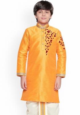 Orange Embroidered Banarasi Silk Kurta For Boys