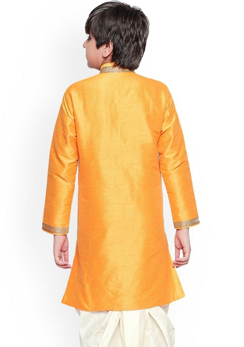 Orange Embroidered Banarasi Silk Kurta For Boys