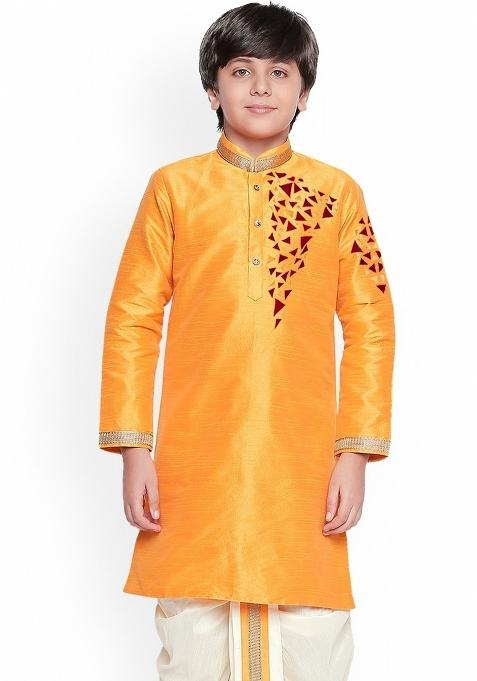Orange Embroidered Banarasi Silk Kurta For Boys