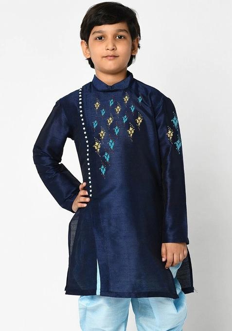 Navy Blue Embroidered Banarasi Silk Angrakha For Boys