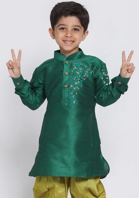 Sea Green Embroidered Banarasi Silk Pathani Kurta For Boys