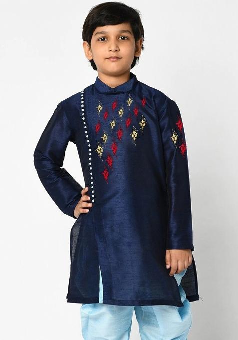 Navy Blue Embroidered Banarasi Silk Angrakha For Boys