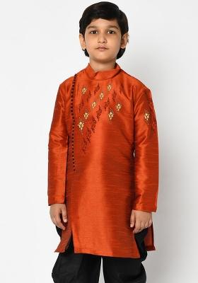 Rust Orange Embroidered Banarasi Silk Angrakha For Boys