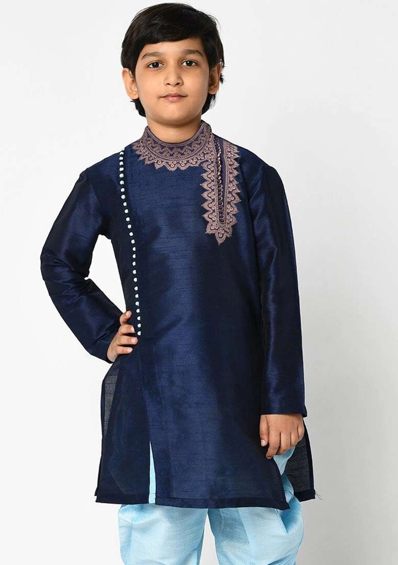 Navy Blue Solid Banarasi Silk Angrakha For Boys - Indya