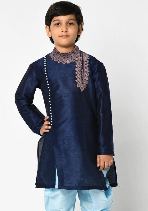 Navy Blue Solid Banarasi Silk Angrakha For Boys