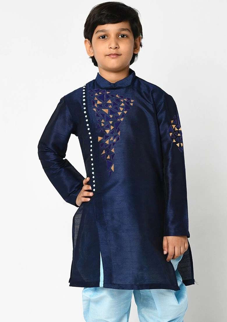 Navy Blue Embroidered Banarasi Silk Angrakha For Boys - Indya
