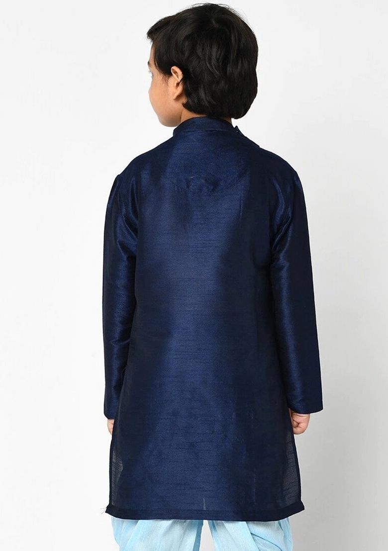 Navy Blue Embroidered Banarasi Silk Angrakha For Boys