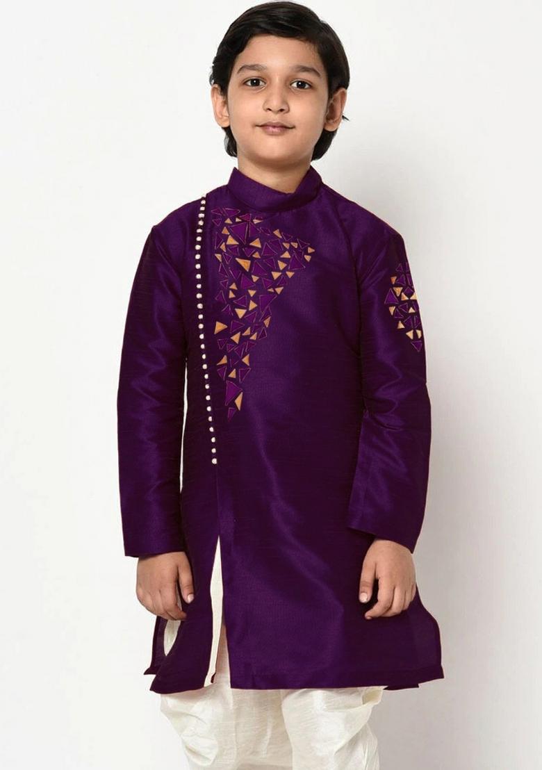 Voilet Embroidered Banarasi Silk Angrakha For Boys