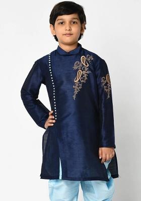 Navy Blue Embroidered Banarasi Silk Angrakha For Boys