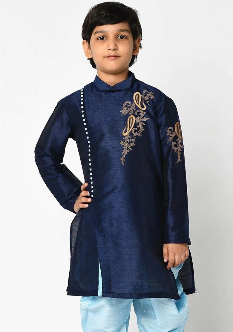 Navy Blue Embroidered Banarasi Silk Angrakha For Boys - Indya