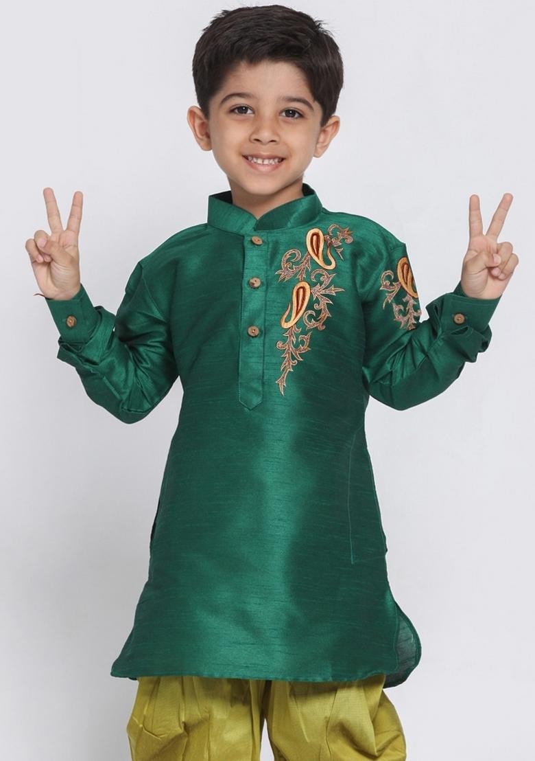 Sea Green Embroidered Banarasi Silk Pathani Kurta For Boys