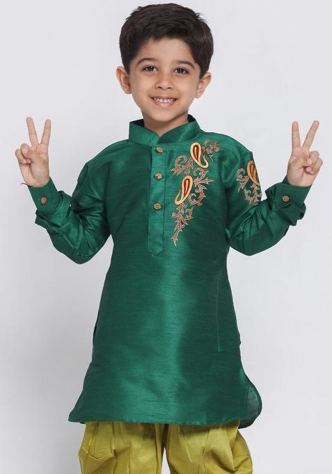 Sea Green Embroidered Banarasi Silk Pathani Kurta For Boys