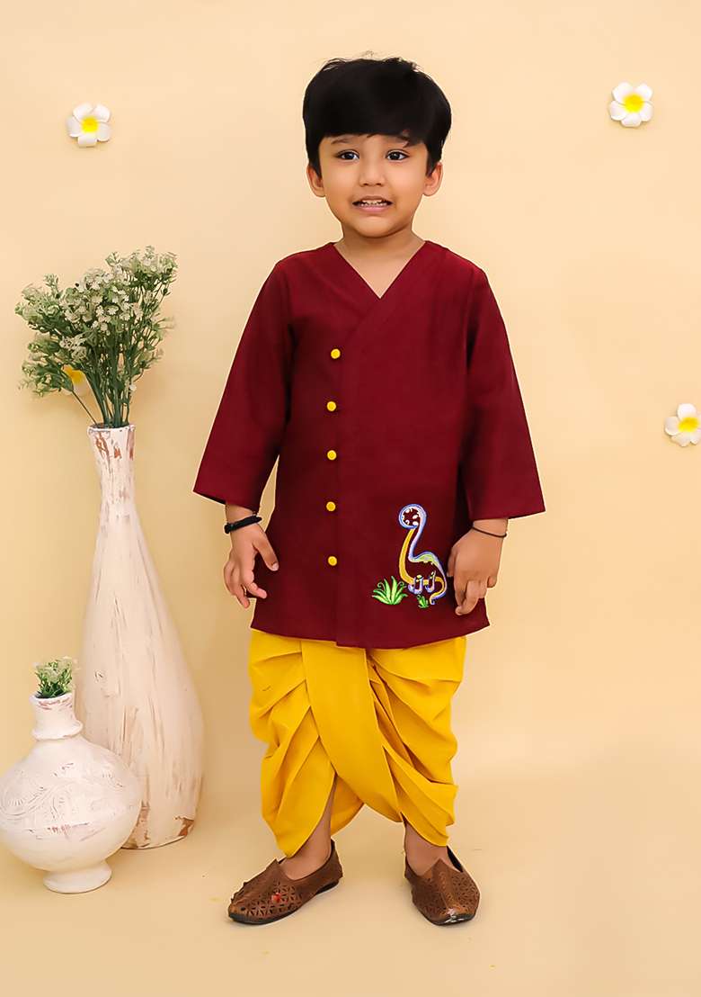 Maroon Embroidered Cotton Kurta Set For Boys - Indya