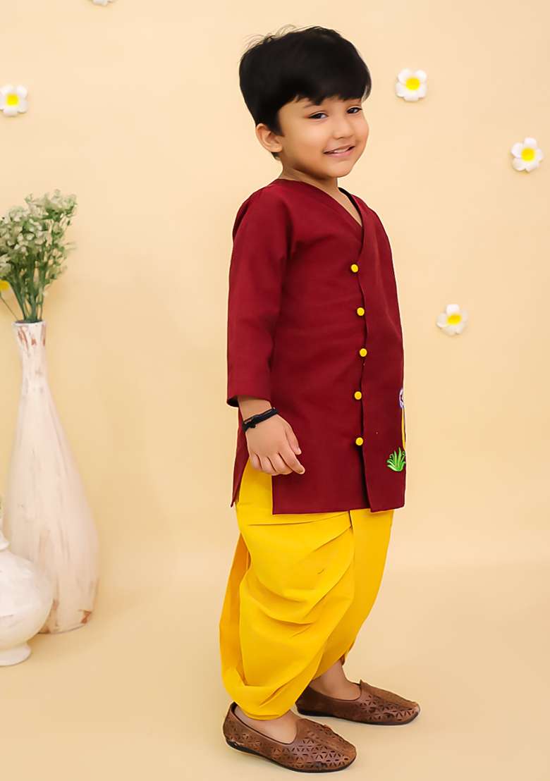Maroon Embroidered Cotton Kurta Set For Boys - Indya