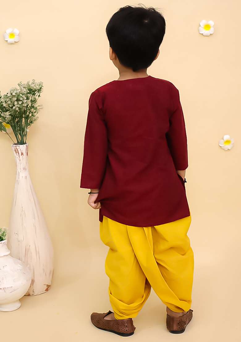 Maroon Embroidered Cotton Kurta Set For Boys - Indya