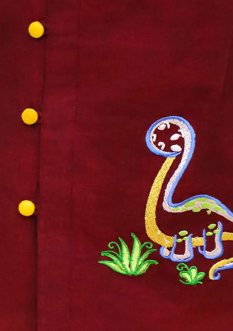 Maroon Embroidered Cotton Kurta Set For Boys - Indya