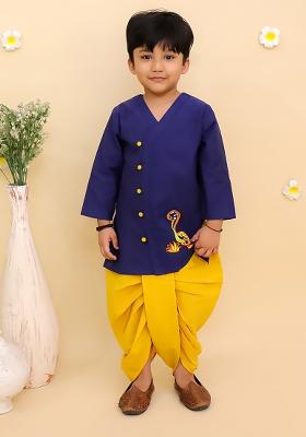 Blue Embroidered Cotton Kurta Set For Boys