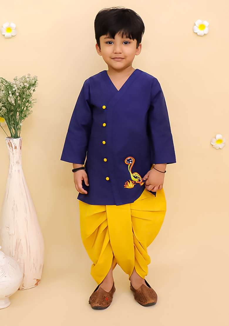 Blue Embroidered Cotton Kurta Set For Boys - Indya