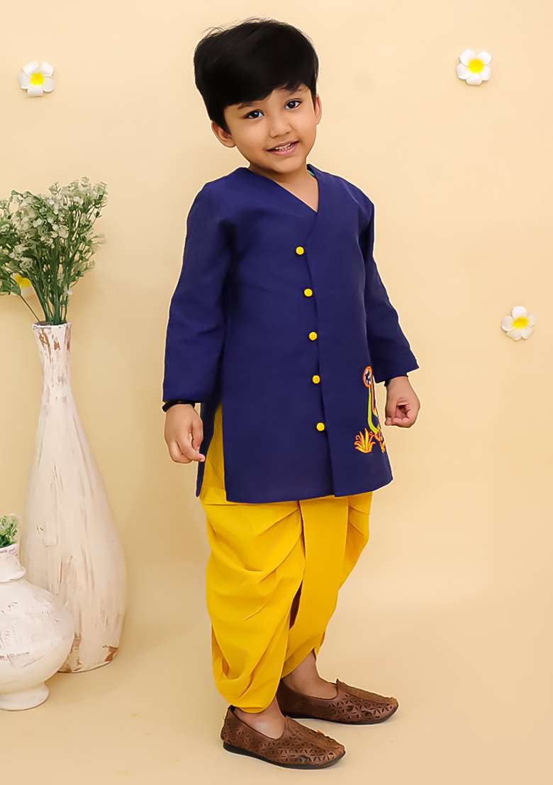 Blue Embroidered Cotton Kurta Set For Boys - Indya