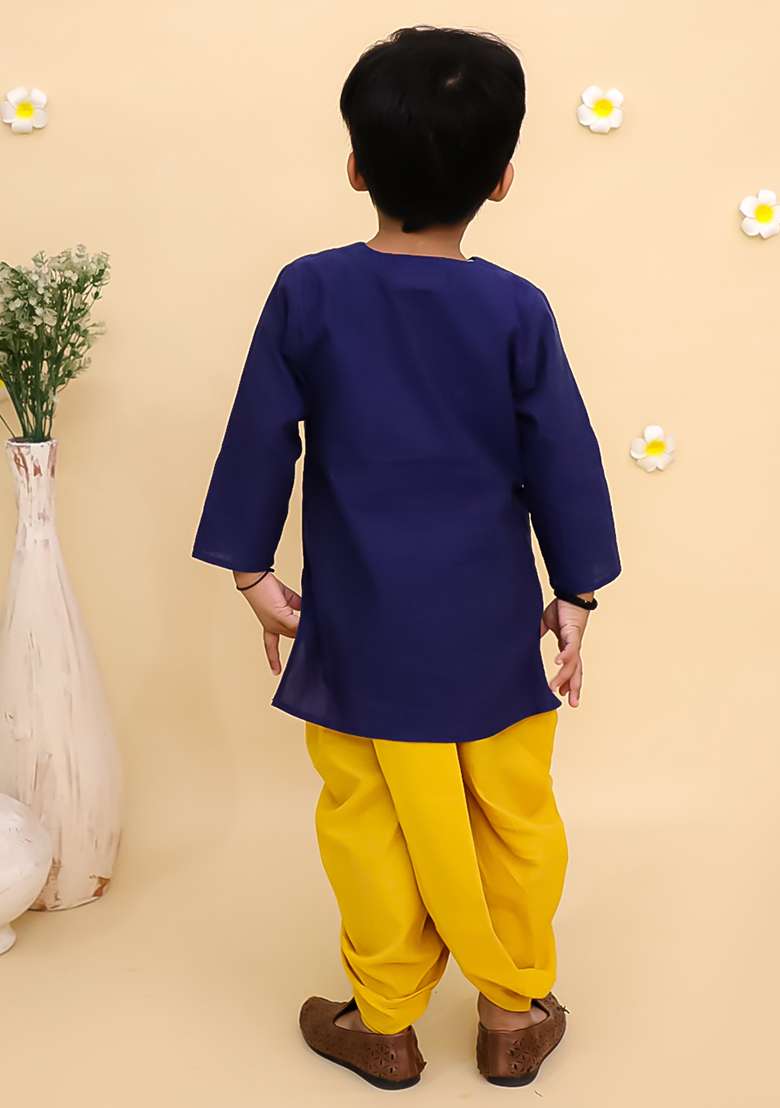 Blue Embroidered Cotton Kurta Set For Boys - Indya