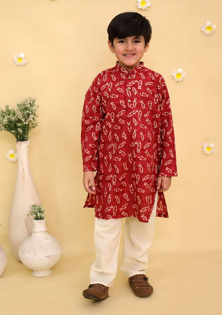 Maroon Printed Cotton Kurta Set For Boys - Indya