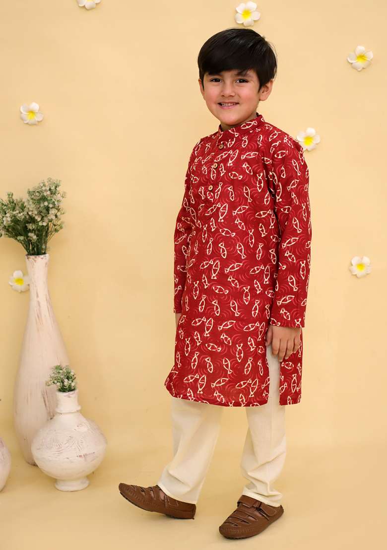 Maroon Printed Cotton Kurta Set For Boys - Indya