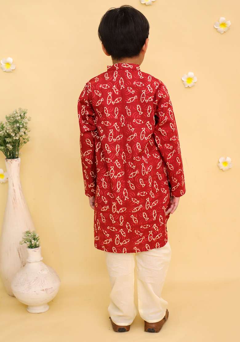 Maroon Printed Cotton Kurta Set For Boys - Indya