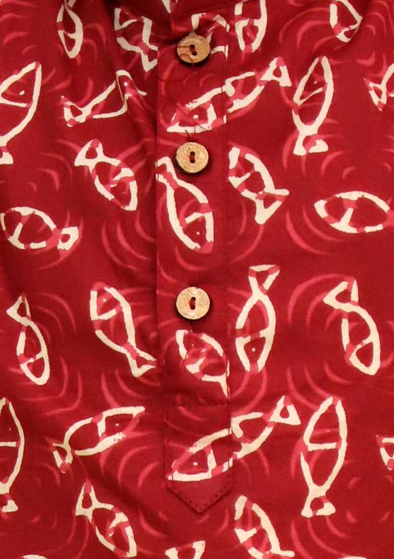 Maroon Printed Cotton Kurta Set For Boys - Indya