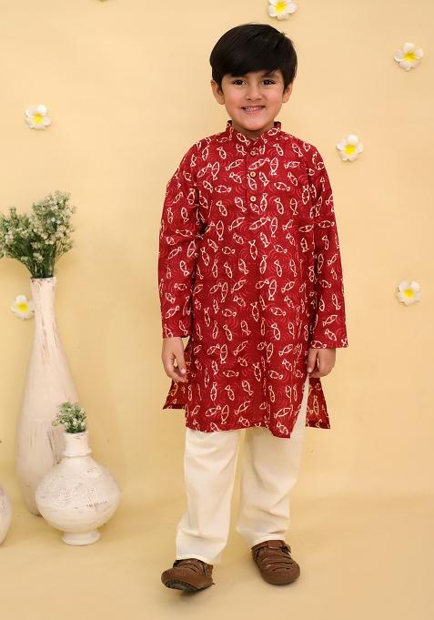 Maroon Printed Cotton Kurta Set For Boys
