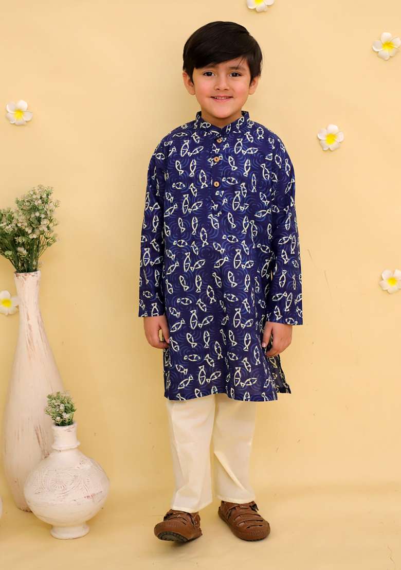 Blue Printed Cotton Kurta Set For Boys - Indya