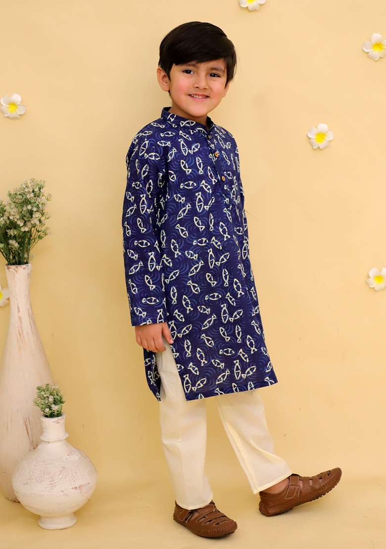 Blue Printed Cotton Kurta Set For Boys - Indya