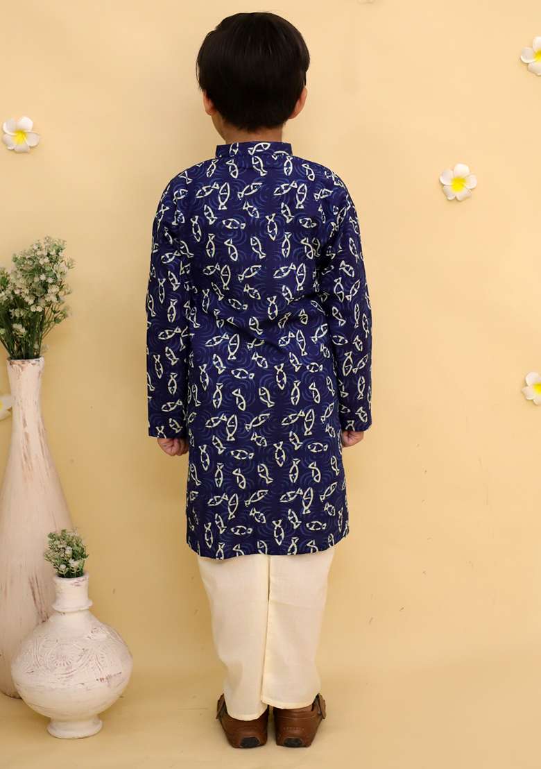 Blue Printed Cotton Kurta Set For Boys - Indya