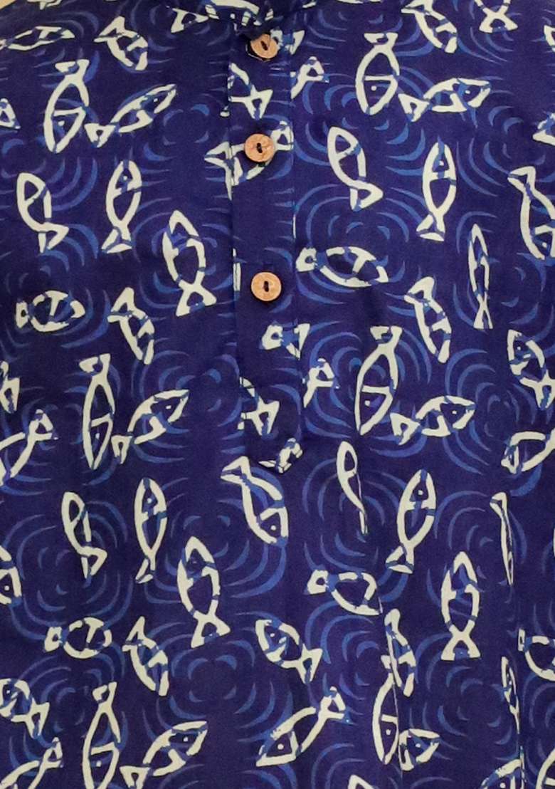 Blue Printed Cotton Kurta Set For Boys - Indya