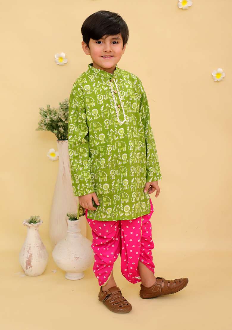 Green Printed Cotton Kurta Set For Boys - Indya