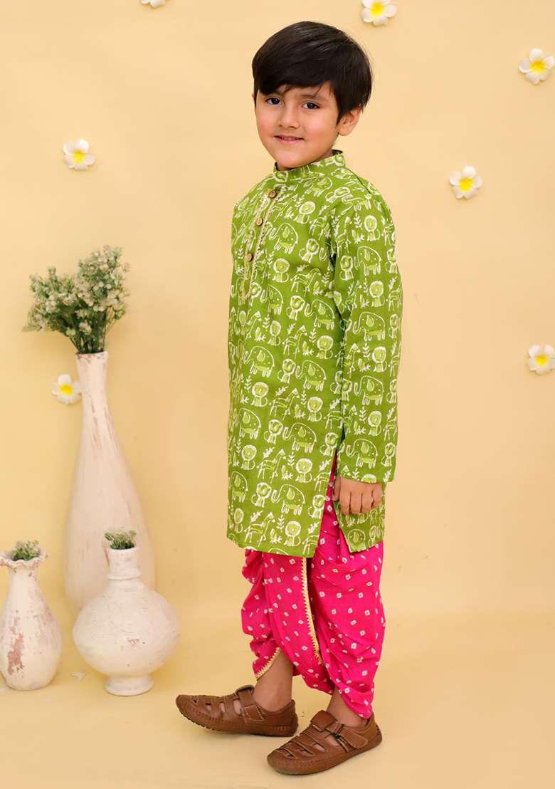 Green Printed Cotton Kurta Set For Boys - Indya