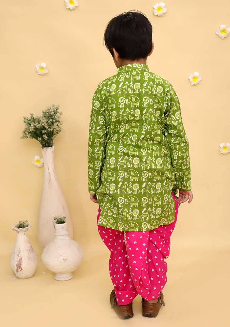 Green Printed Cotton Kurta Set For Boys - Indya