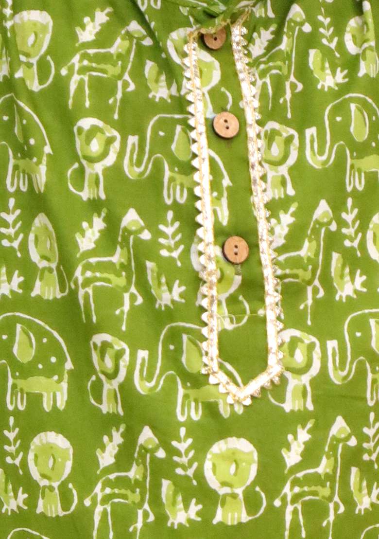 Green Printed Cotton Kurta Set For Boys - Indya