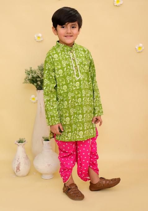 Green Printed Cotton Kurta Set For Boys
