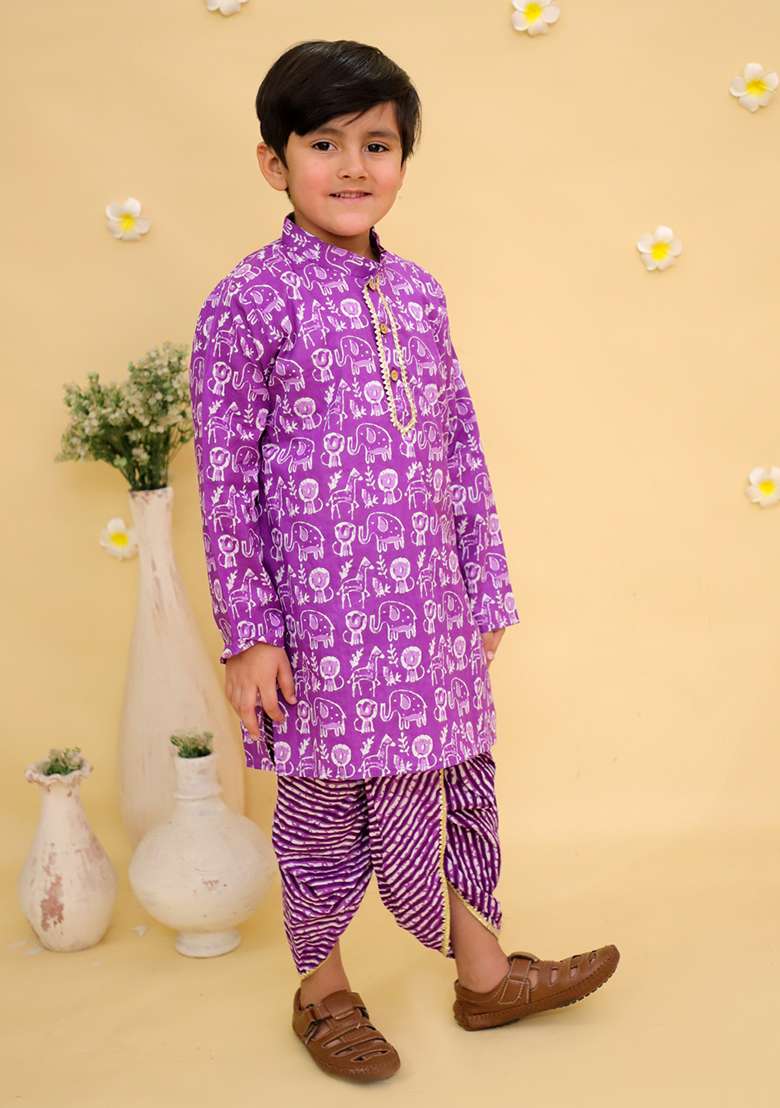 Purple Printed Cotton Kurta Set For Boys - Indya