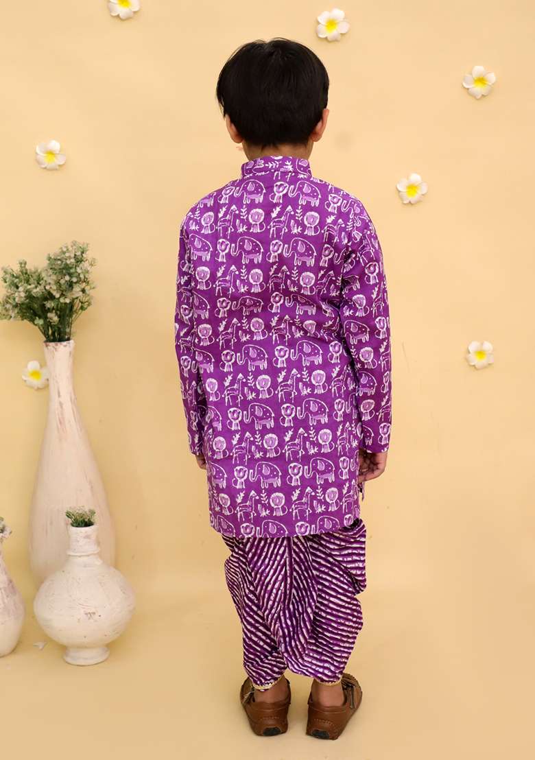 Purple Printed Cotton Kurta Set For Boys - Indya