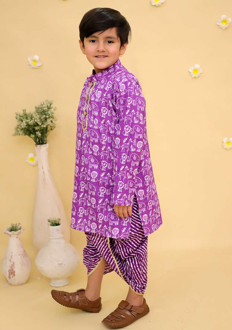 Purple Printed Cotton Kurta Set For Boys - Indya